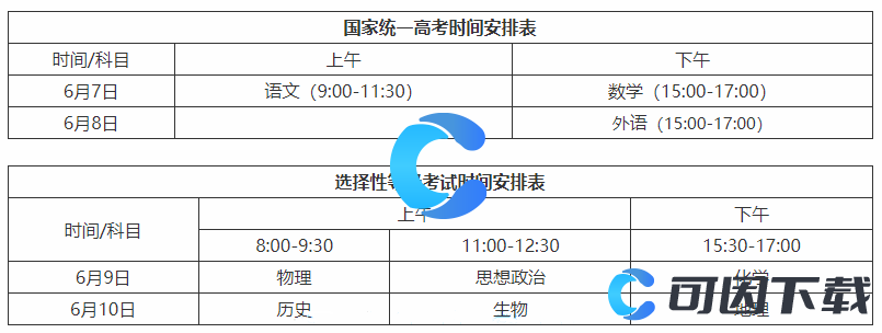 2024全国高考时间表及科目安排